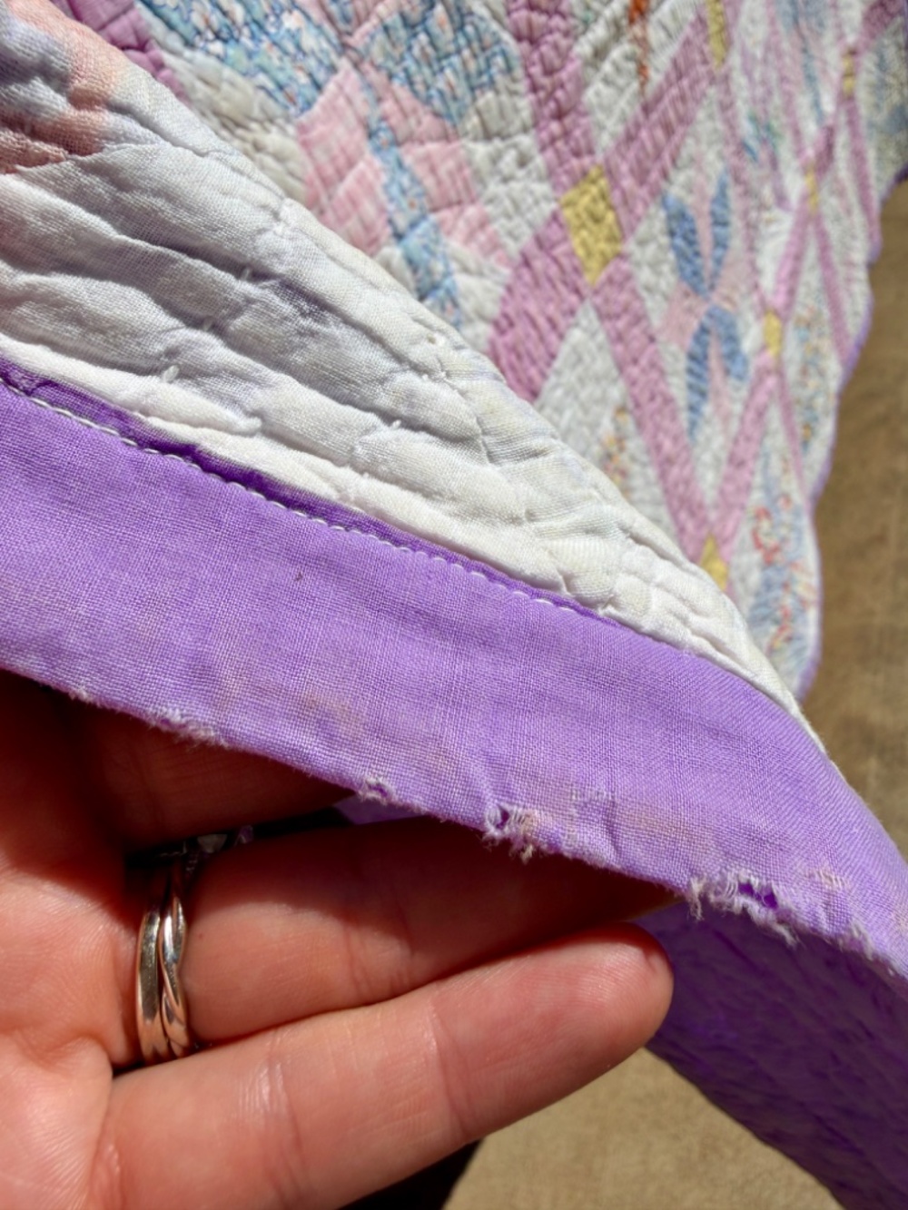 Vintage Hand Quilted Pinwheel Patchwork Quilt 57.5" x 70" – Pastel Cottagecore - Picture 11 of 17